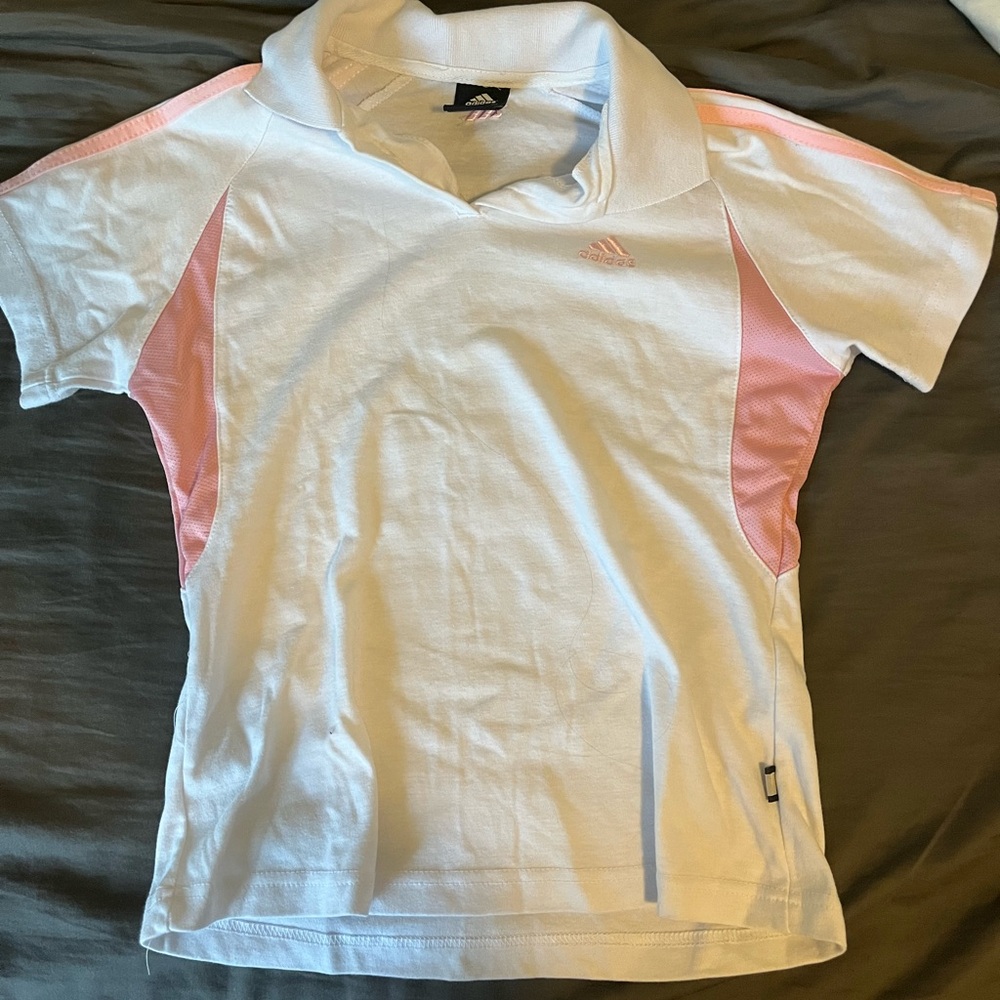 White and pink collared adidas tee